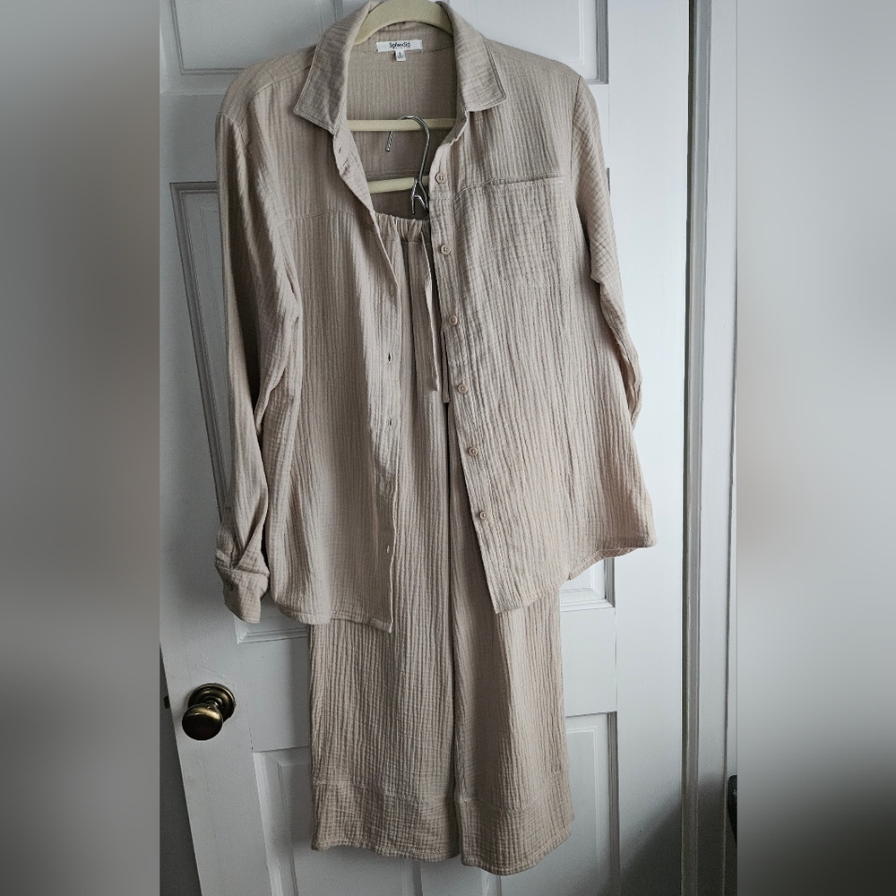 Splendid Addie cropped Wide-leg cotton gauze pants and button-down shirt Size S.
